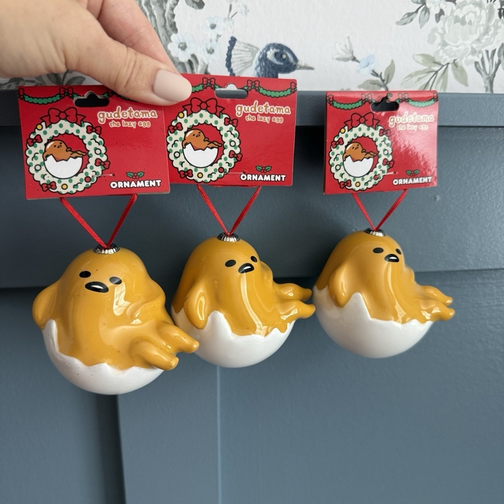 Gudetama Lazy Egg Christmas Ornaments Lot of 3 NWT Sanrio Surreal‎ Decor F/W